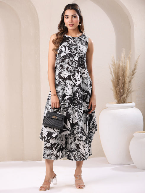 Black & White Rayon Floral Printed A-line Kurta With Culotte Set
